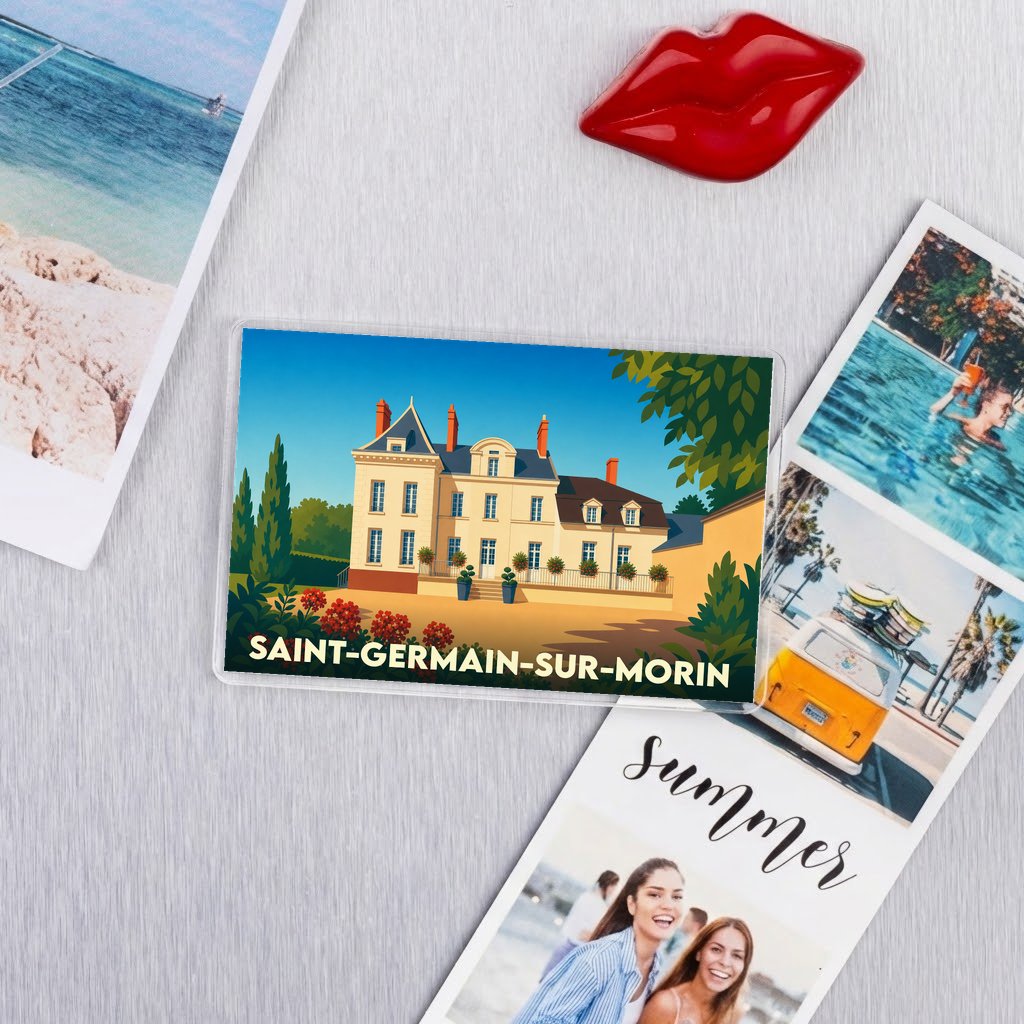 Magnet souvenir de la ville de Saint-Germain-sur-Morin avec une illustration stylisée d'un château.