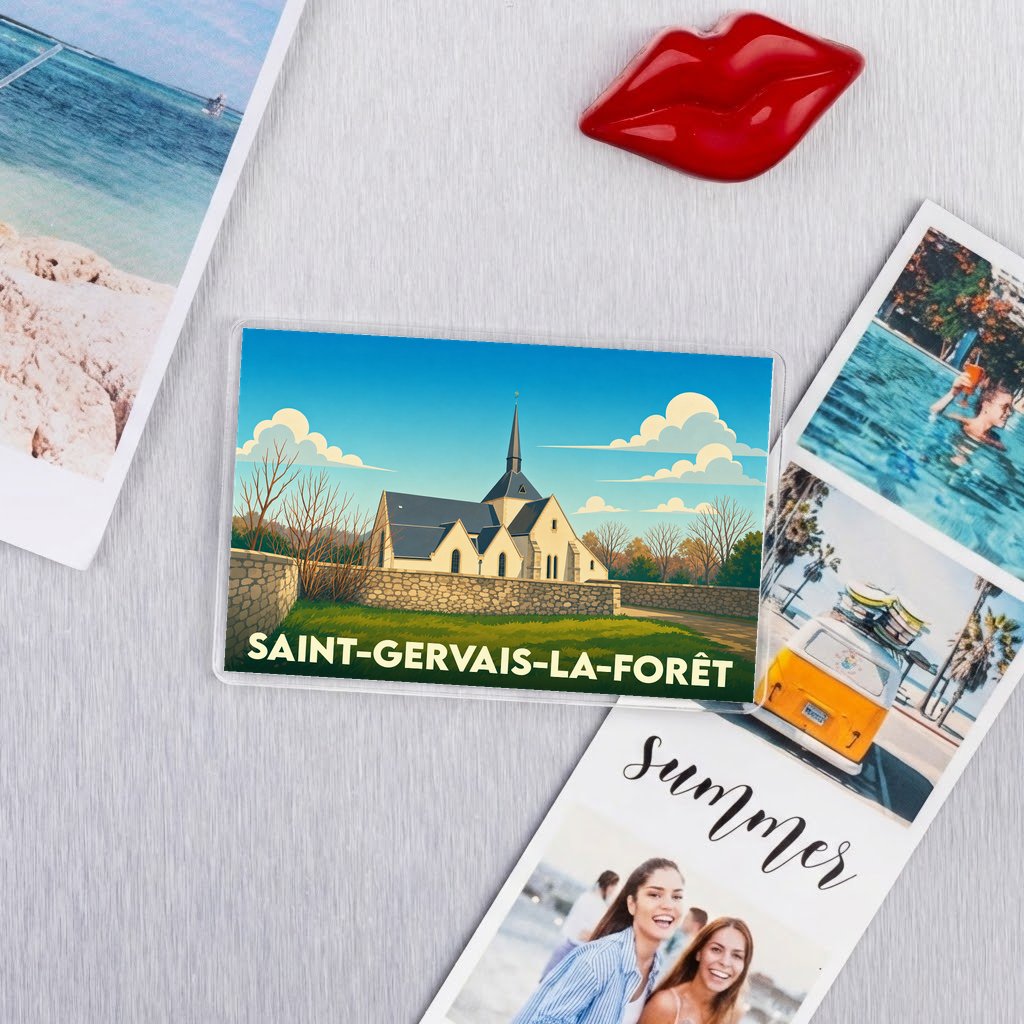 Magnet souvenir de la ville de Saint-Gervais-la-Forêt avec une illustration stylisée de son église.
