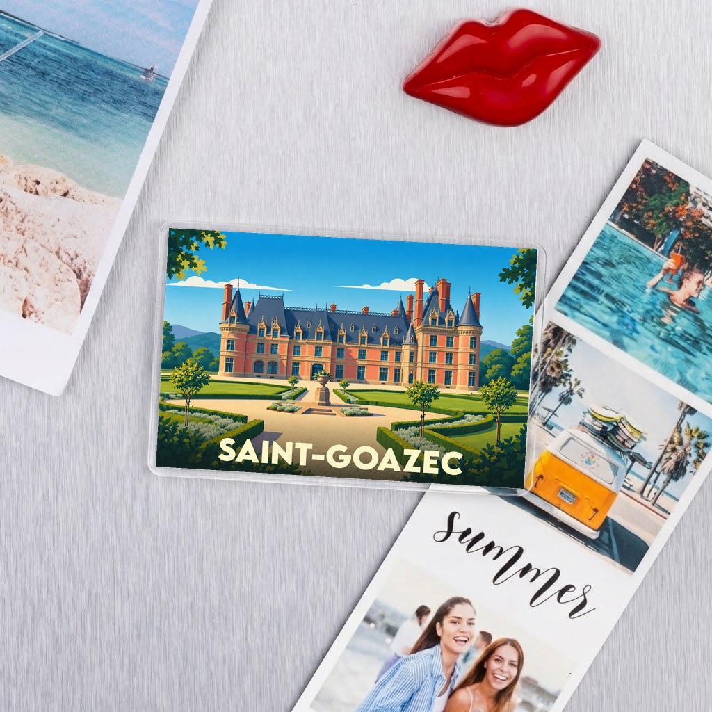 Magnet souvenir de la ville de Saint-Goazec avec une illustration stylisée de son château.