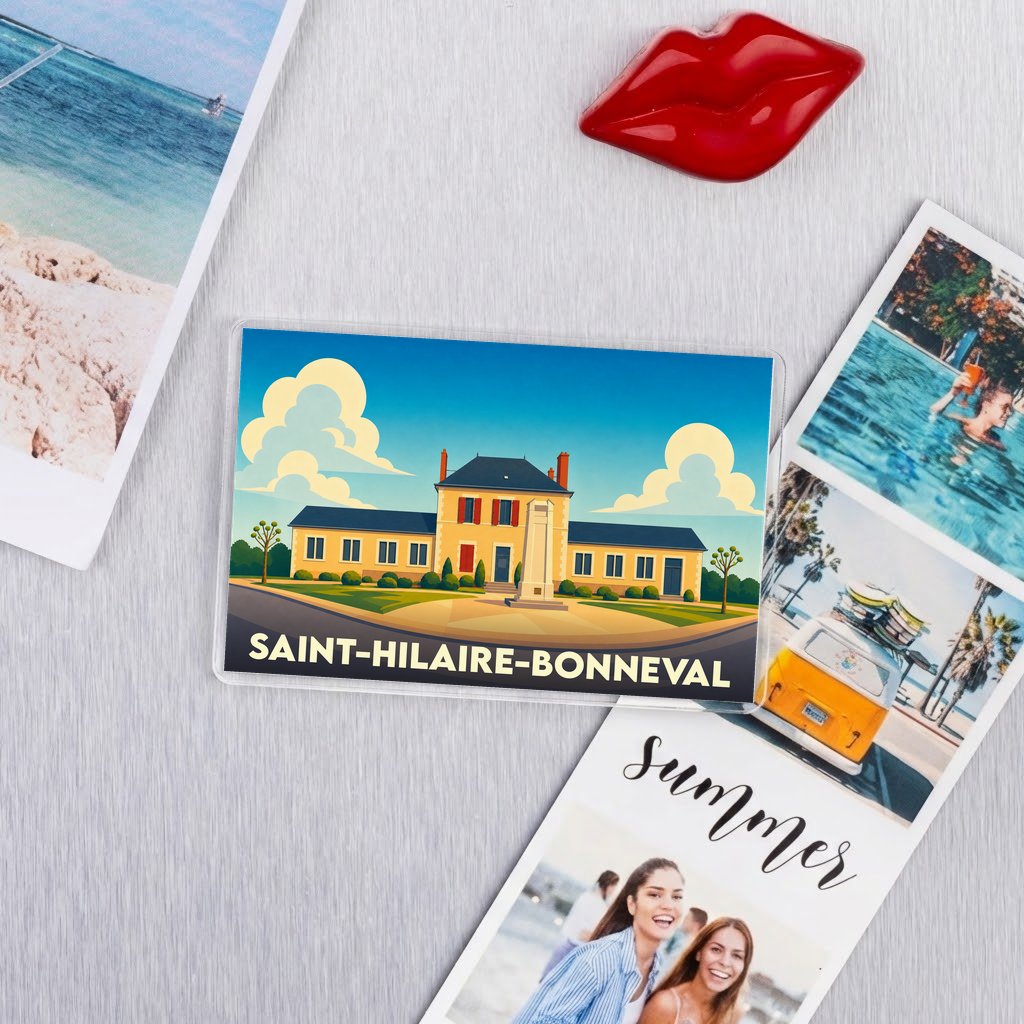 Magnet souvenir de la ville de Saint-Hilaire-Bonneval avec une illustration stylisée de sa mairie.