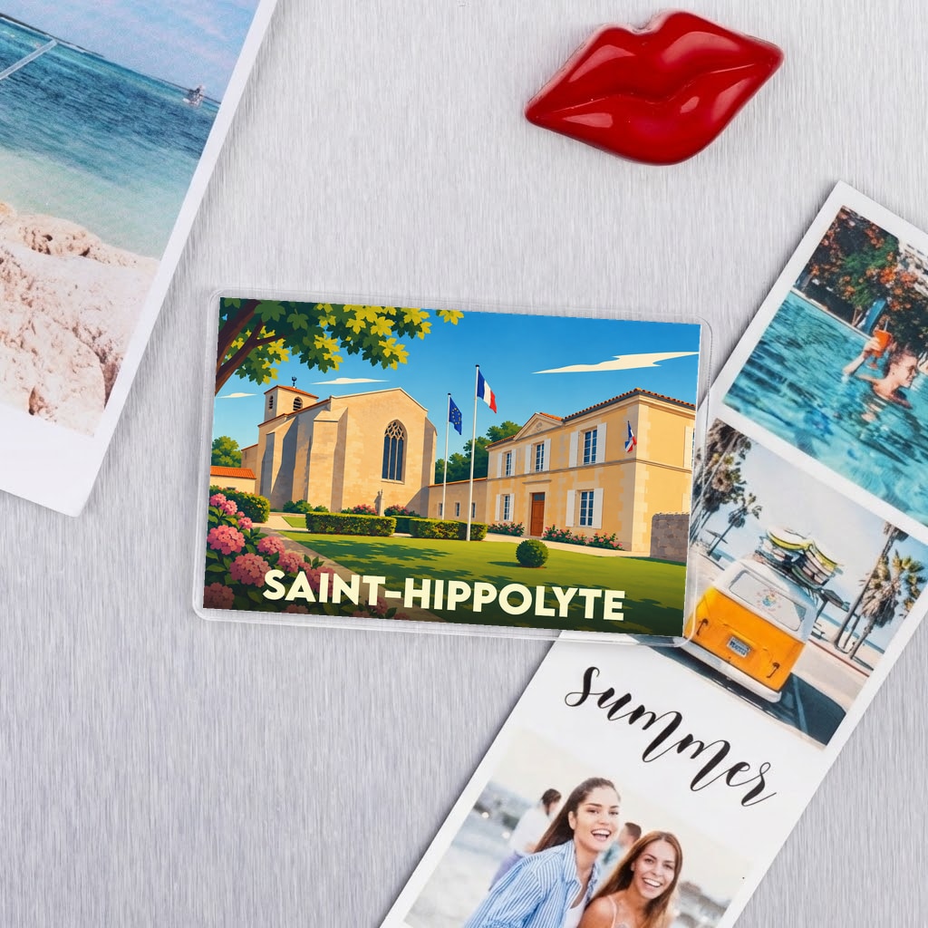 Magnet souvenir de la ville de Saint-Hippolyte avec une illustration stylisée.