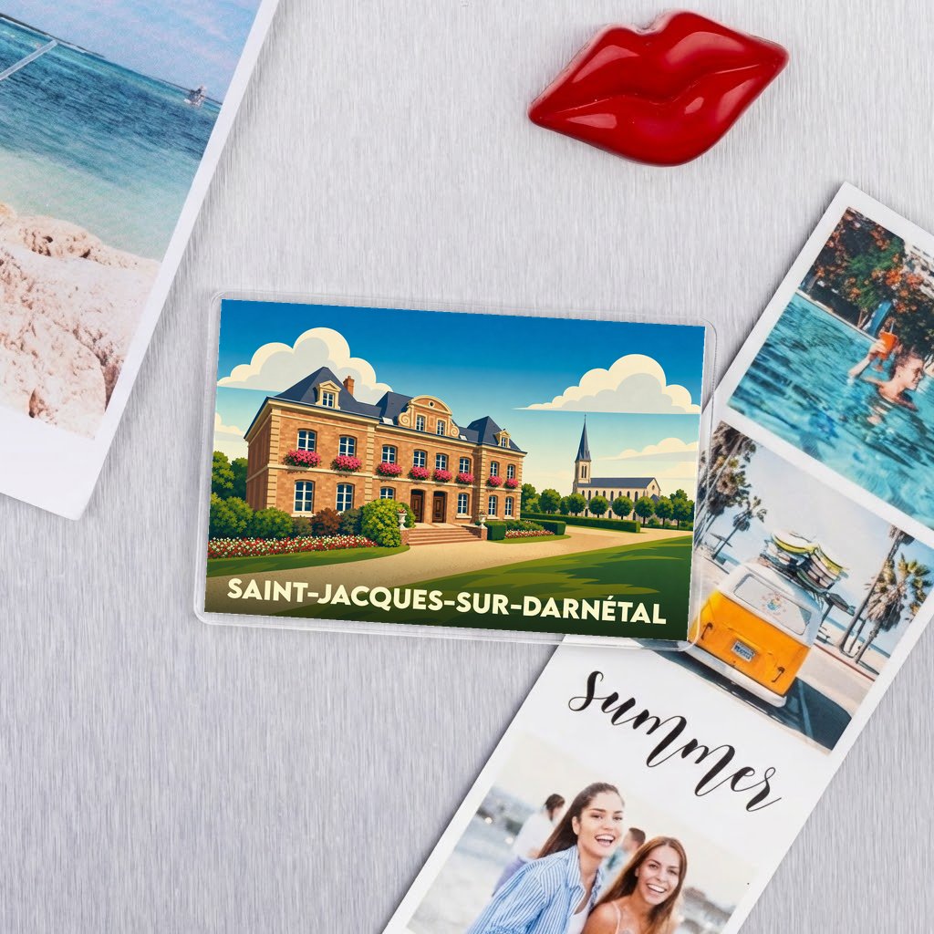Magnet souvenir de la ville de Saint-Jacques-sur-Darnétal avec une illustration stylisée d'un manoir et d'une église.
