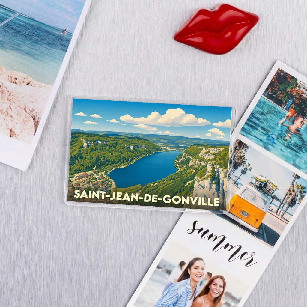 Magnet souvenir de la ville de Saint-Jean-de-Gonville avec une illustration stylisée d'un paysage de lac et de montagnes.