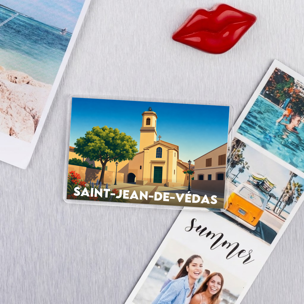 Magnet souvenir de la ville de Saint-Jean-de-Védas avec une illustration stylisée de son église.