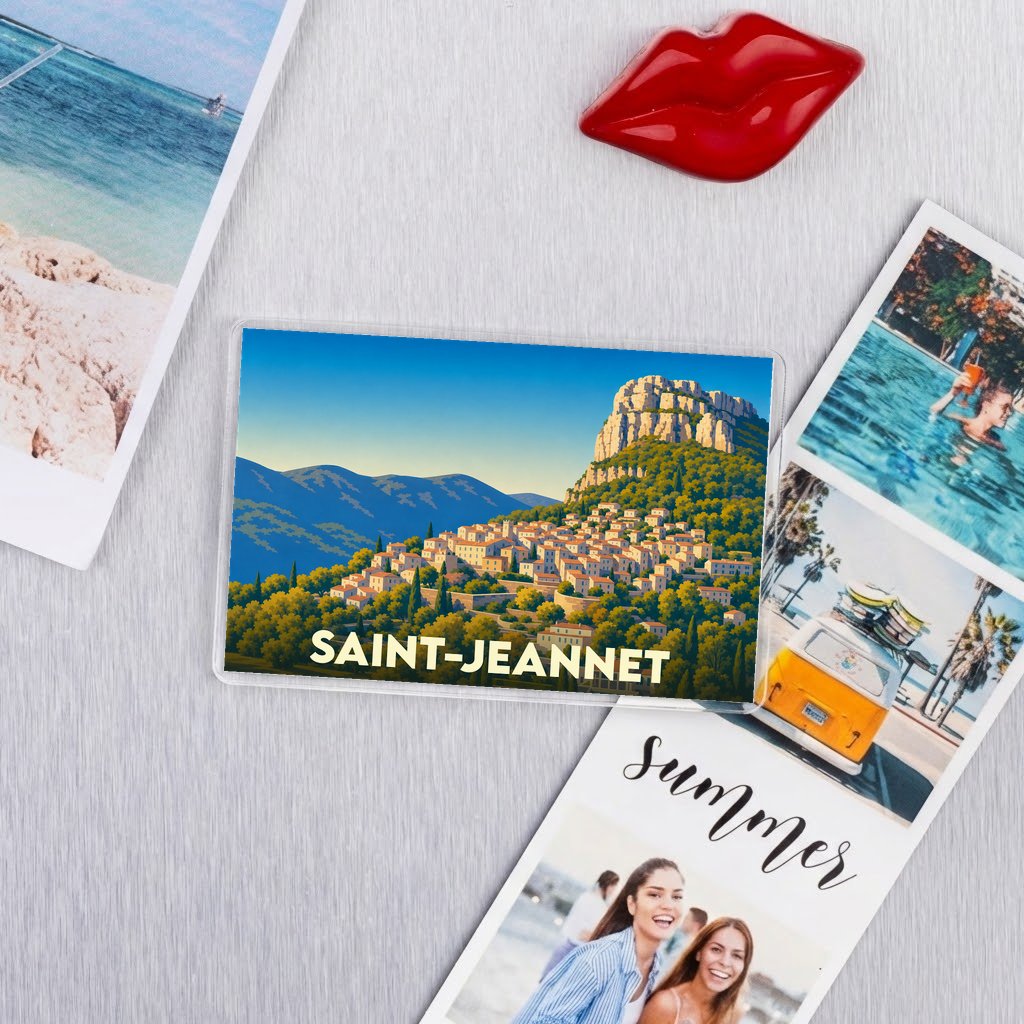Magnet souvenir de la ville de Saint-Jeannet avec une illustration stylisée.