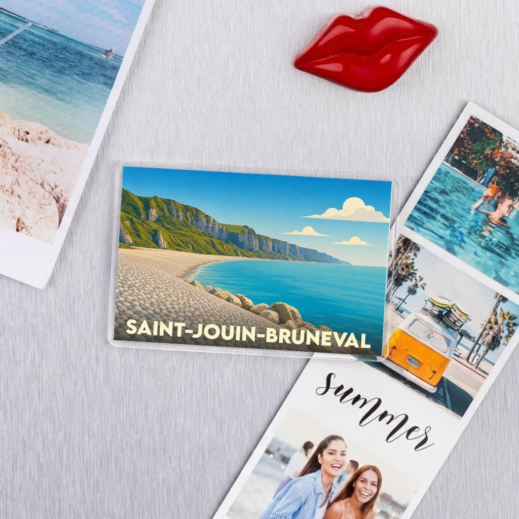 Magnet souvenir de la ville de Saint-Jouin-Bruneval avec une illustration stylisée du littoral normand.