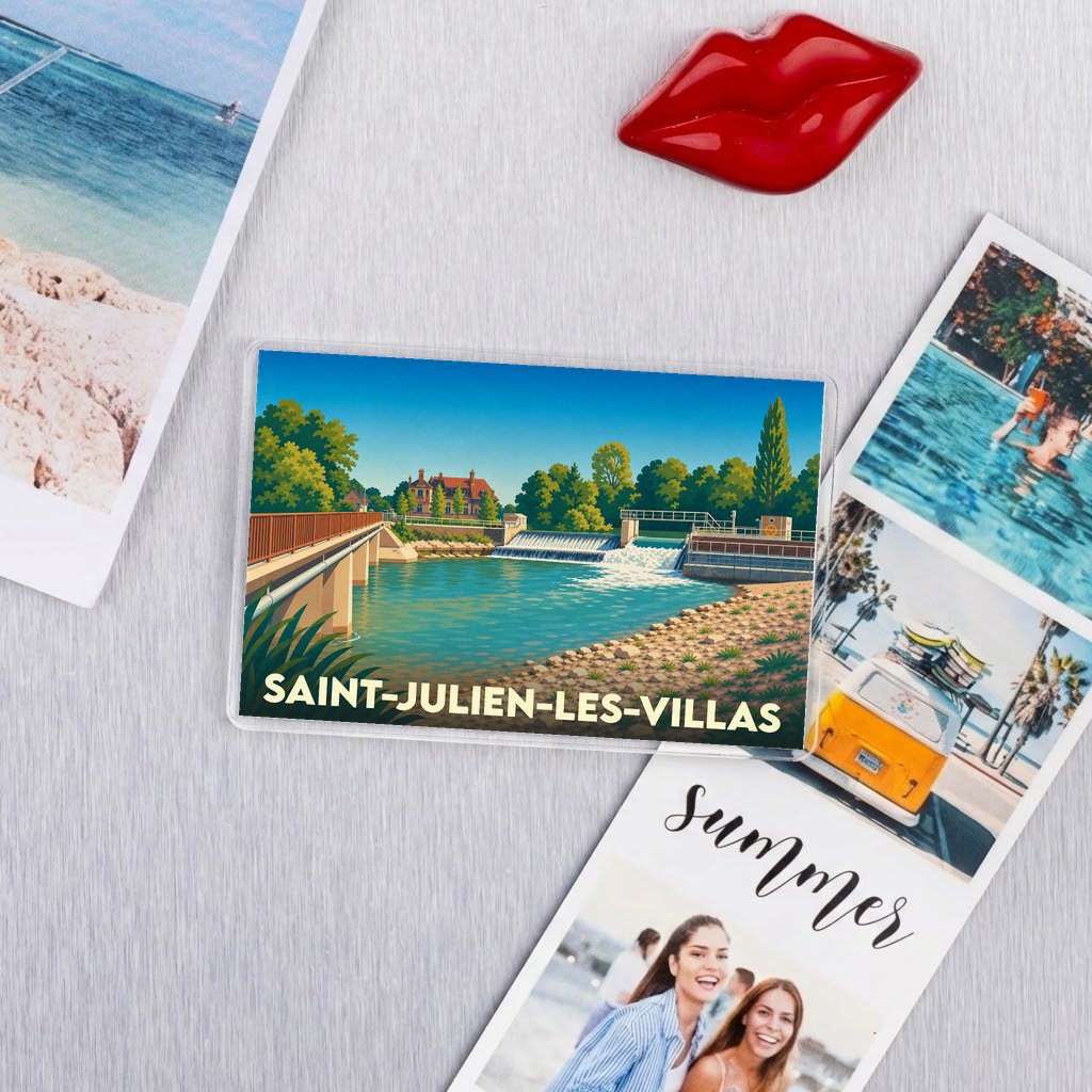 Magnet souvenir de la ville de Saint-Julien-les-Villas avec une illustration stylisée de son écluse.