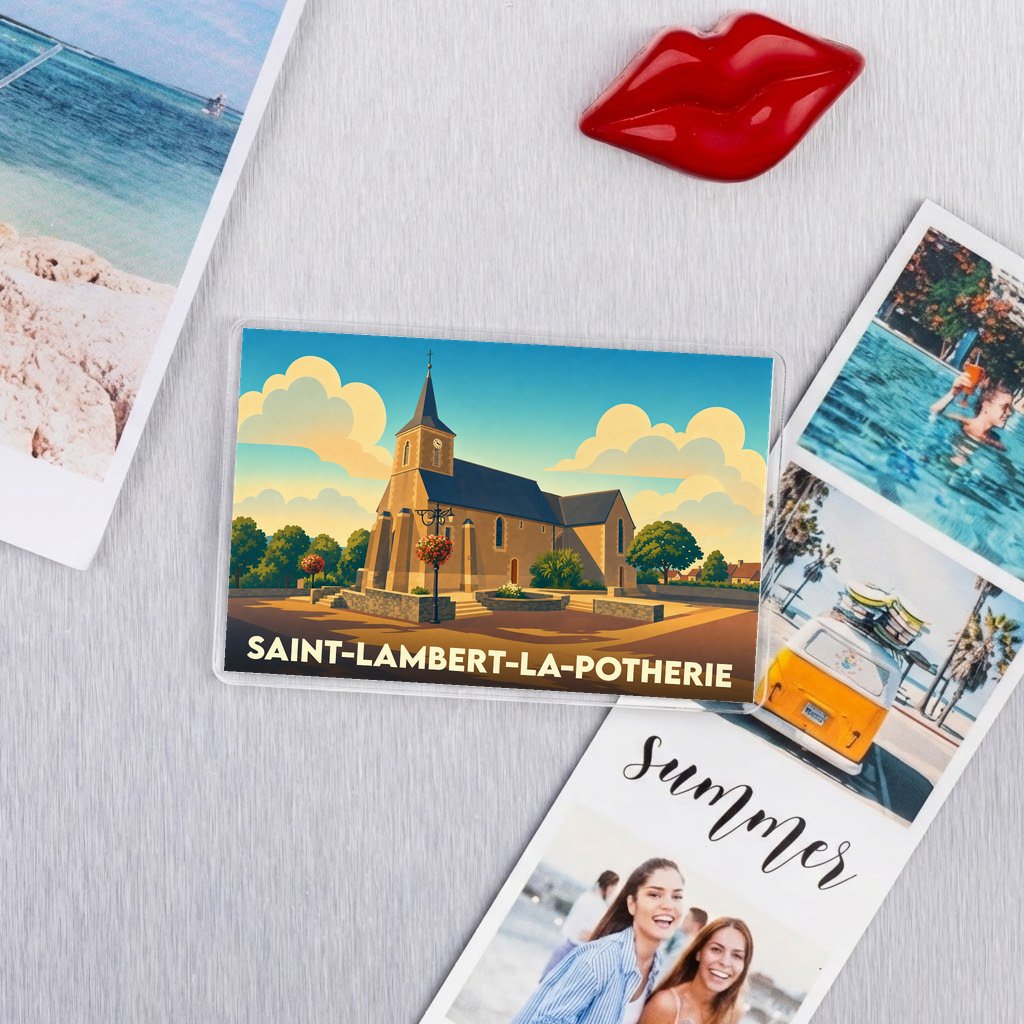 Magnet souvenir de la ville de Saint-Lambert-la-Potherie avec une illustration stylisée de son église.