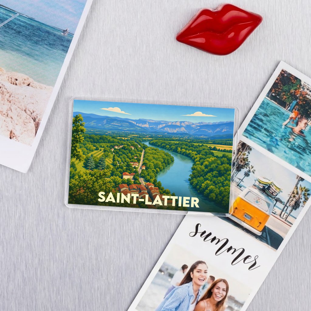 Magnet souvenir de la ville de Saint-Lattier avec une illustration stylisée de la vallée de l'Isère.