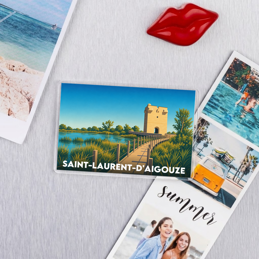Magnet souvenir de la ville de Saint-Laurent-d'Aigouze avec une illustration stylisée.