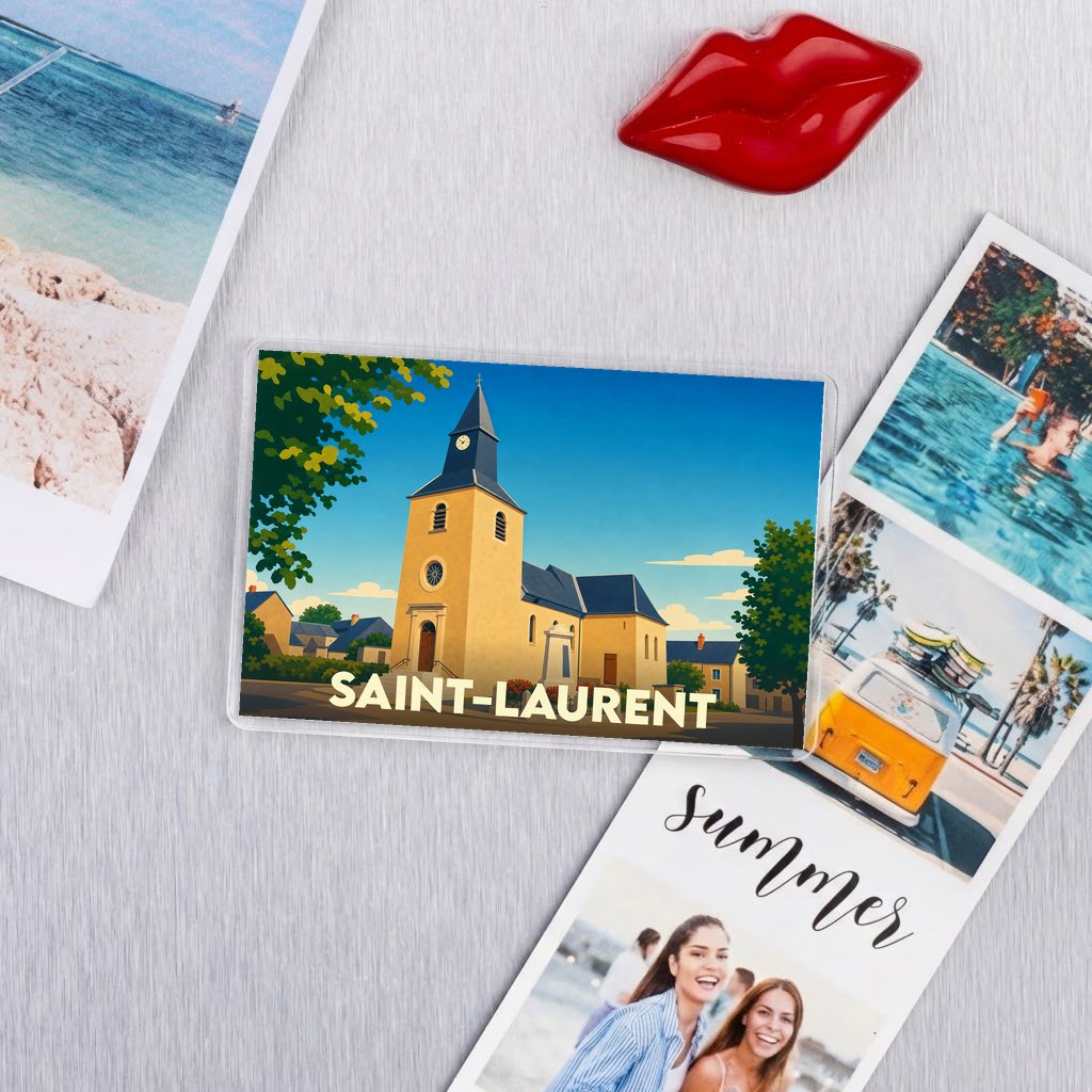 Magnet souvenir de la ville de Saint-Laurent avec une illustration stylisée de son église.
