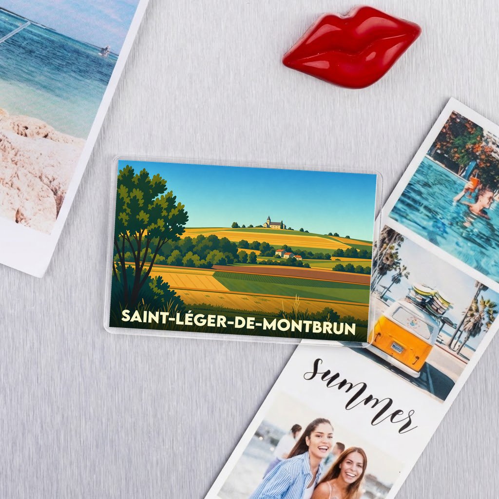Magnet souvenir de la ville de Saint-Léger-de-Montbrun avec une illustration stylisée de son paysage rural.