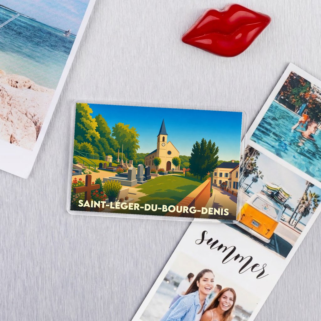 Magnet souvenir de la ville de Saint-Léger-du-Bourg-Denis avec une illustration stylisée d'une église.