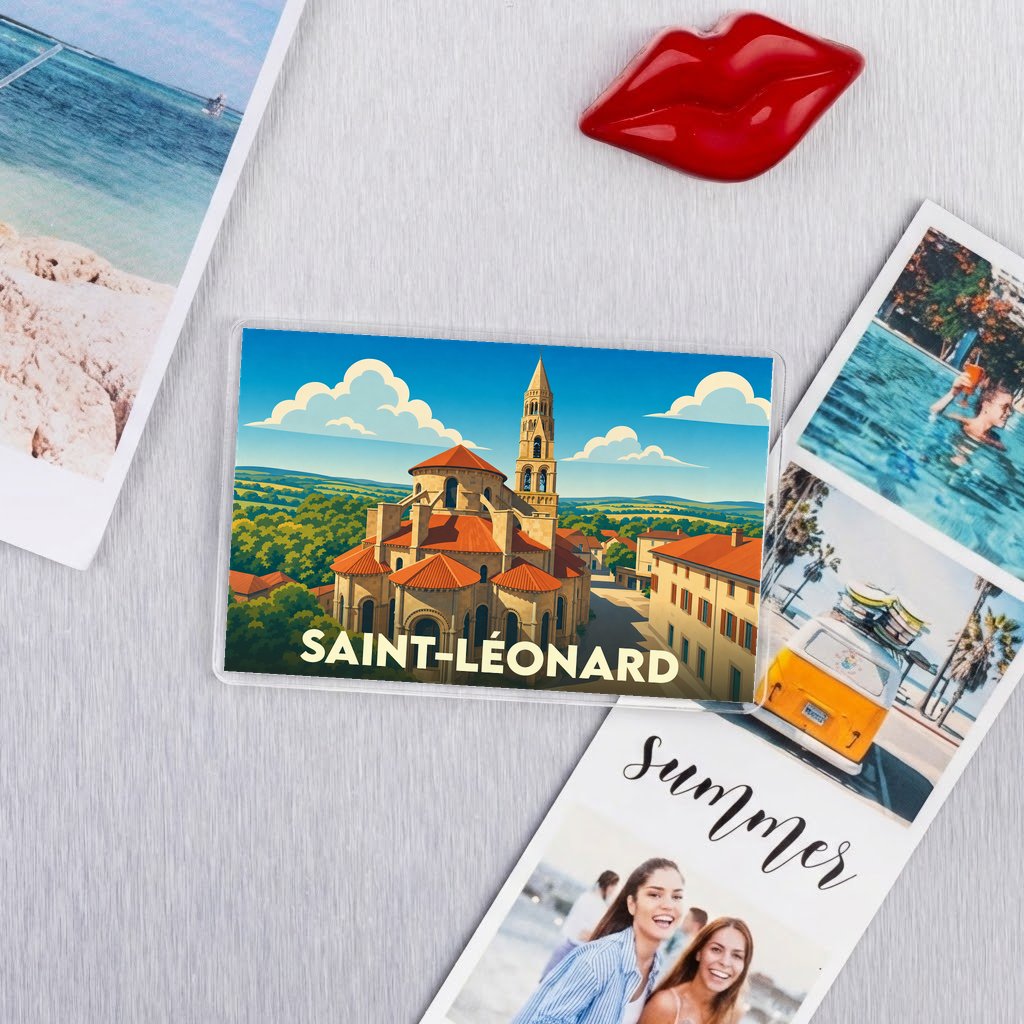 Magnet souvenir de la ville de Saint-Léonard avec une illustration stylisée de son église romane.