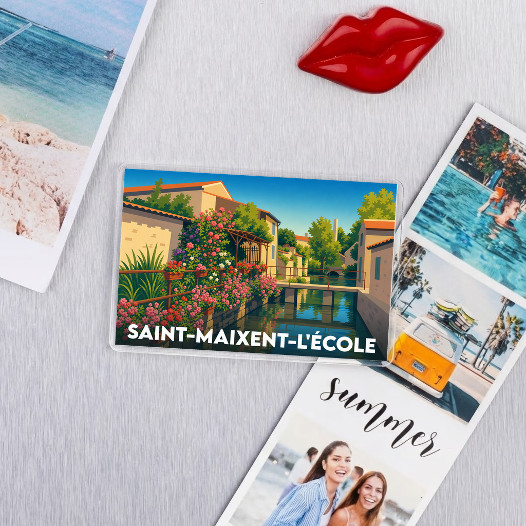 Magnet souvenir de la ville de Saint-Maixent-l'École avec une illustration stylisée.