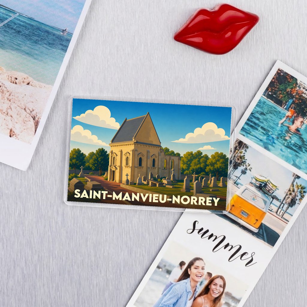 Magnet souvenir de la commune de Saint-Manvieu-Norrey avec une illustration stylisée de son église et de son cimetière.