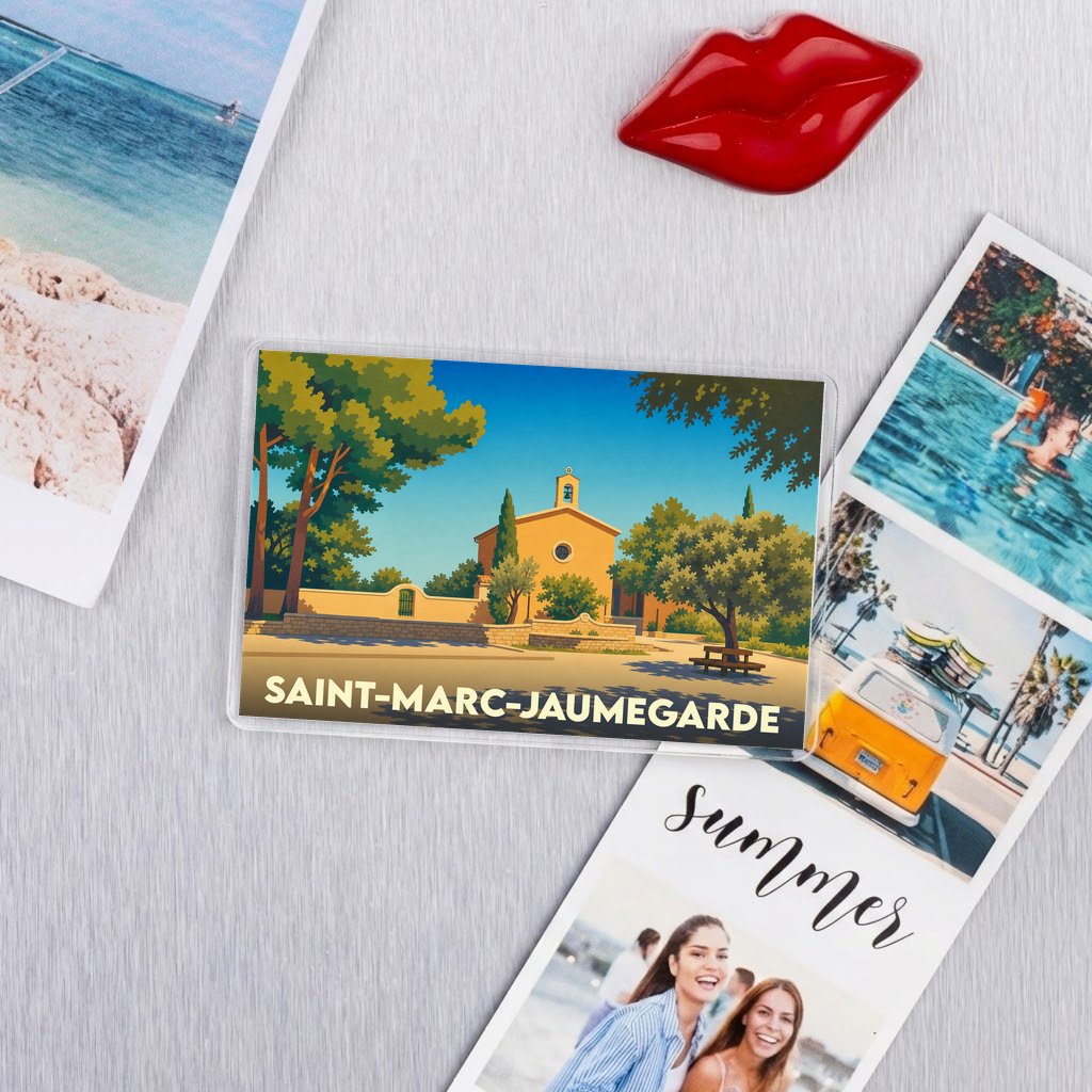 Magnet souvenir de la ville de Saint-Marc-Jaumegarde avec une illustration stylisée.