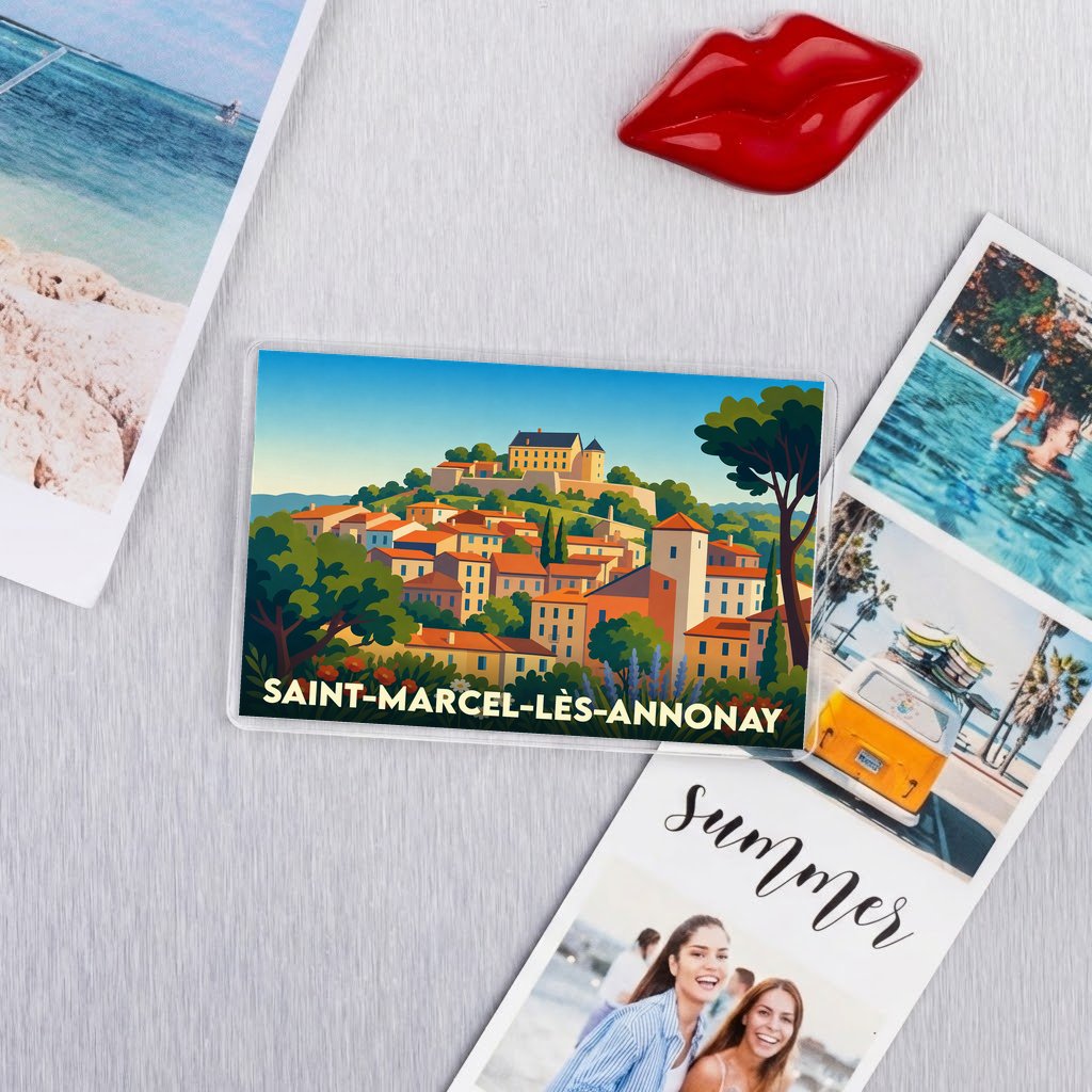 Magnet souvenir de la ville de Saint-Marcel-lès-Annonay avec une illustration colorée et stylisée de ses paysages.