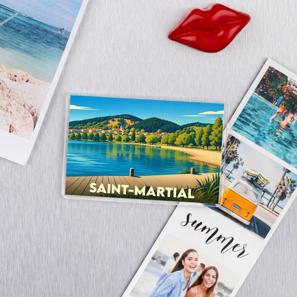 Magnet souvenir de la ville de Saint-Martial avec une illustration stylisée d'un lac et de montagnes.
