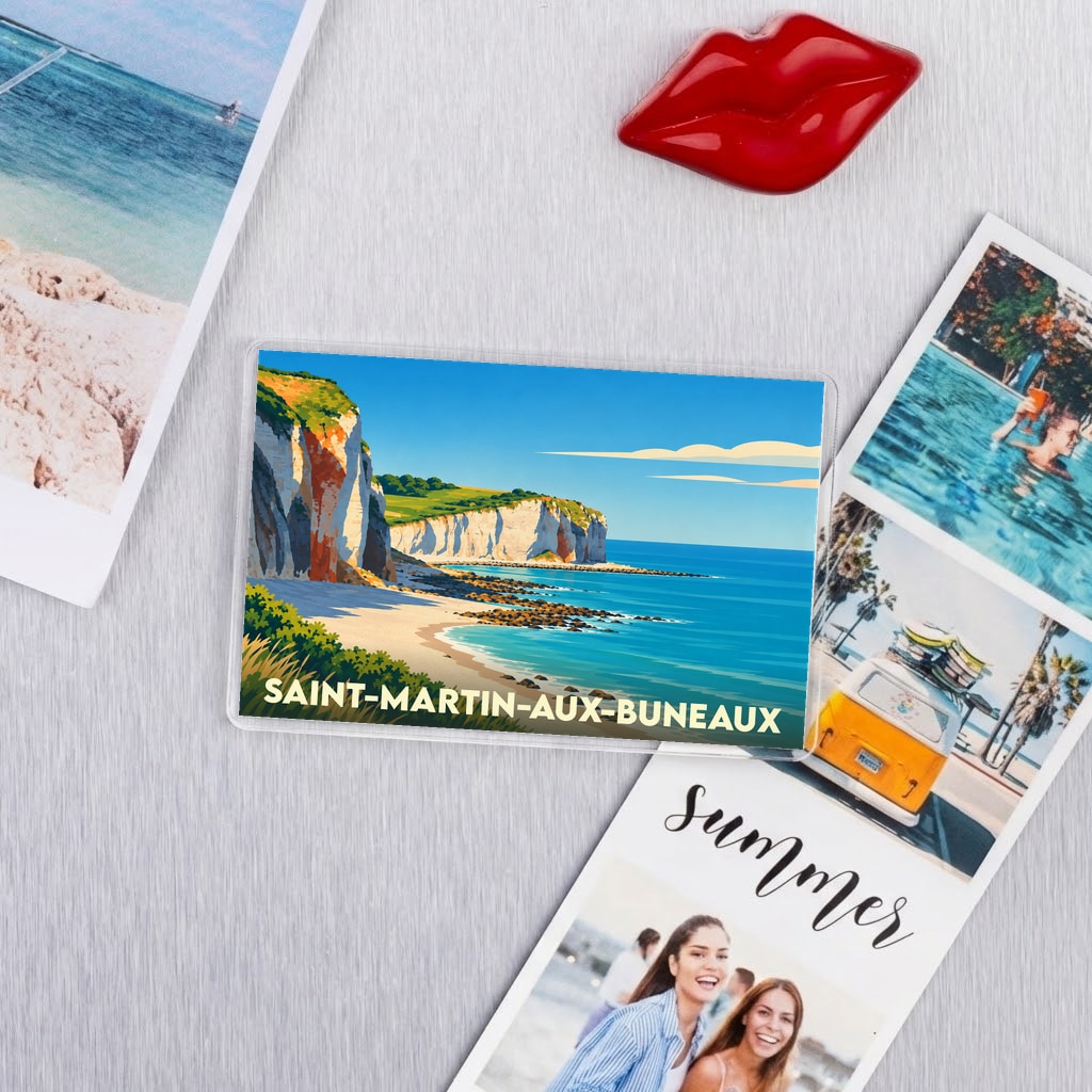 Magnet souvenir de la ville de Saint-Martin-aux-Buneaux avec une illustration stylisée de ses falaises.