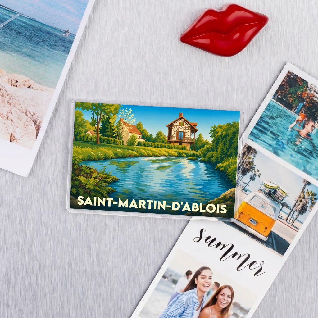 Magnet souvenir de la ville de Saint-Martin-d'Ablois avec une illustration stylisée d'un paysage champêtre.