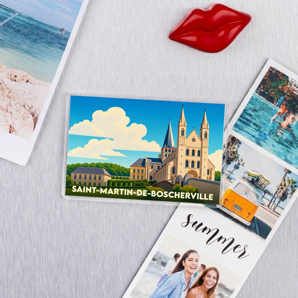Magnet souvenir de la ville de Saint-Martin-de-Boscherville avec une illustration stylisée de son abbaye.