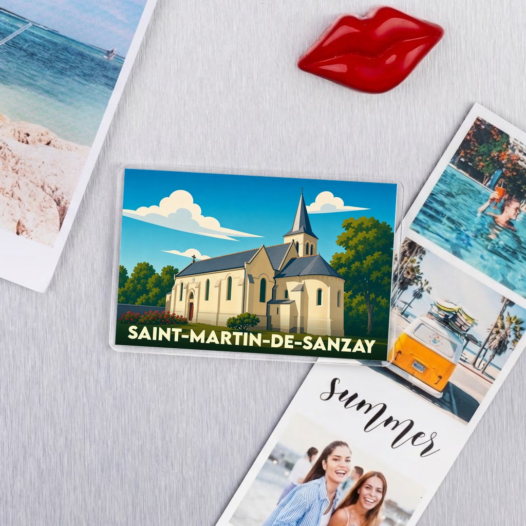 Magnet souvenir de la ville de Saint-Martin-de-Sanzay avec une illustration stylisée de son église.