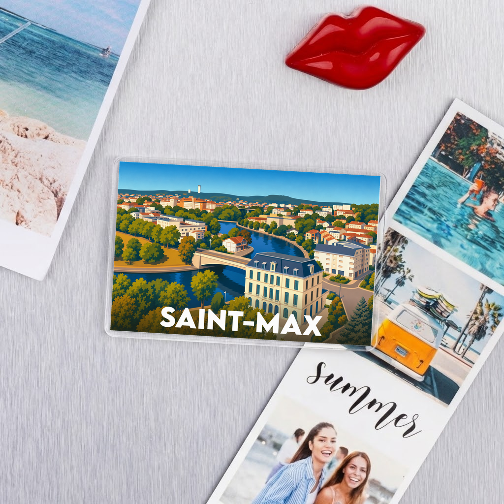 Magnet souvenir de la ville de Saint-Max avec une illustration stylisée.