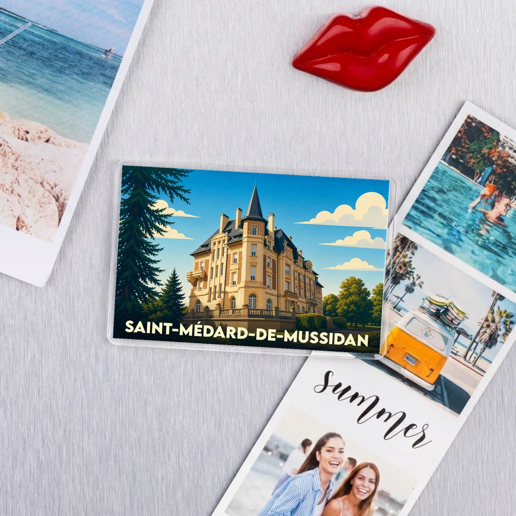 Magnet souvenir de la ville de Saint-Médard-de-Mussidan avec une illustration stylisée d'un château.