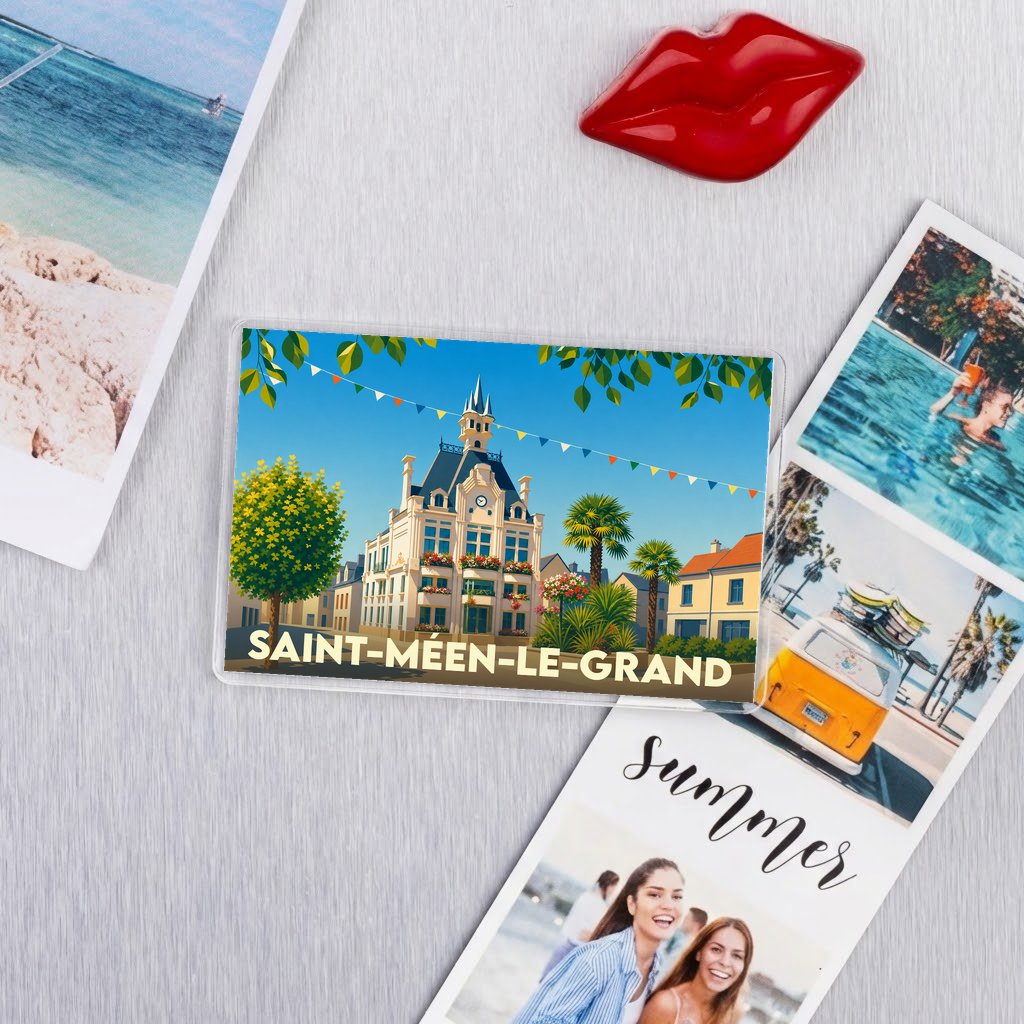 Magnet souvenir de la ville de Saint-Méen-le-Grand avec une illustration colorée et stylisée de son hôtel de ville.