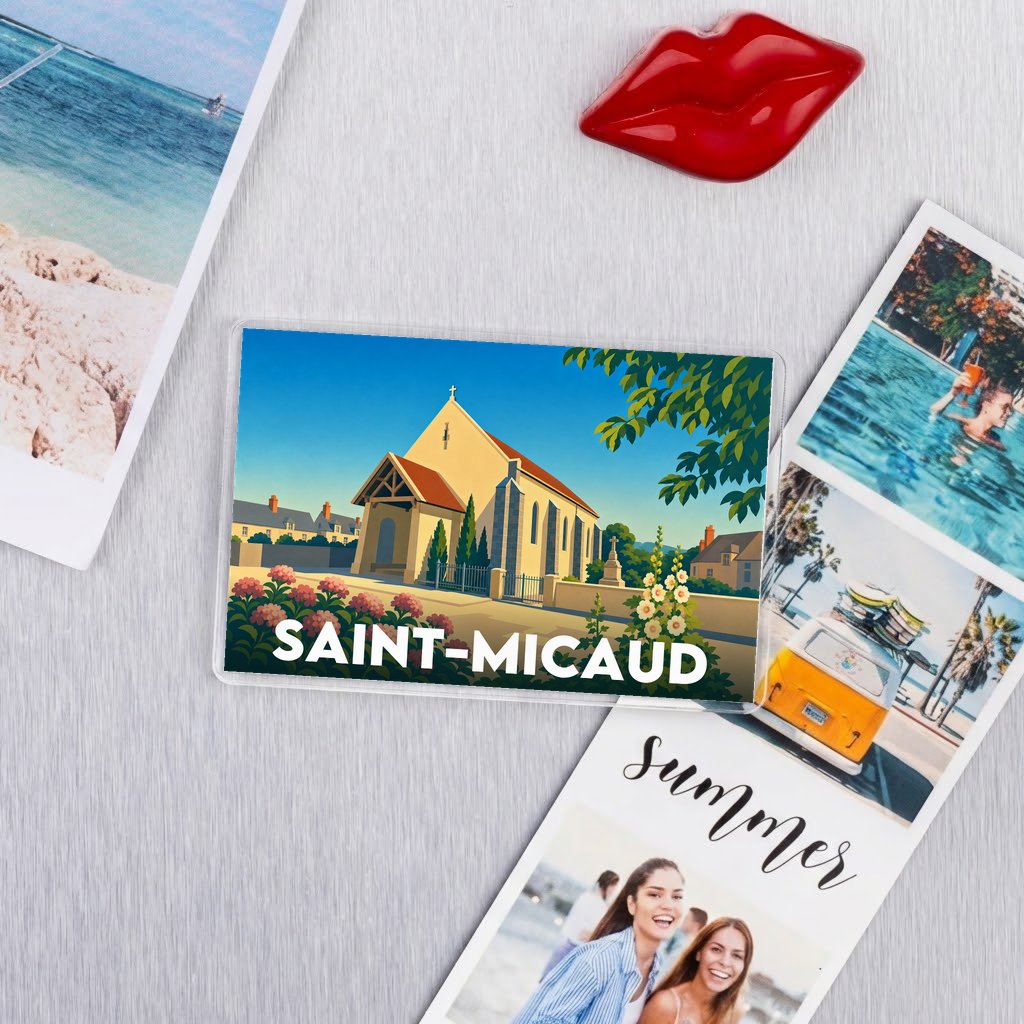 Magnet souvenir de la ville de Saint-Micaud avec une illustration stylisée de son église.