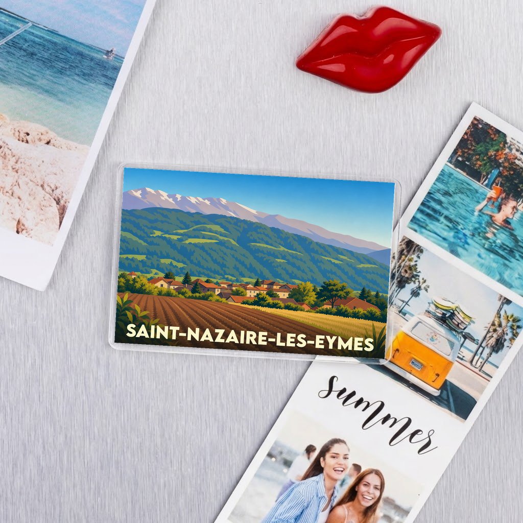 Magnet souvenir de la ville de Saint-Nazaire-les-Eymes avec une illustration stylisée de montagne.