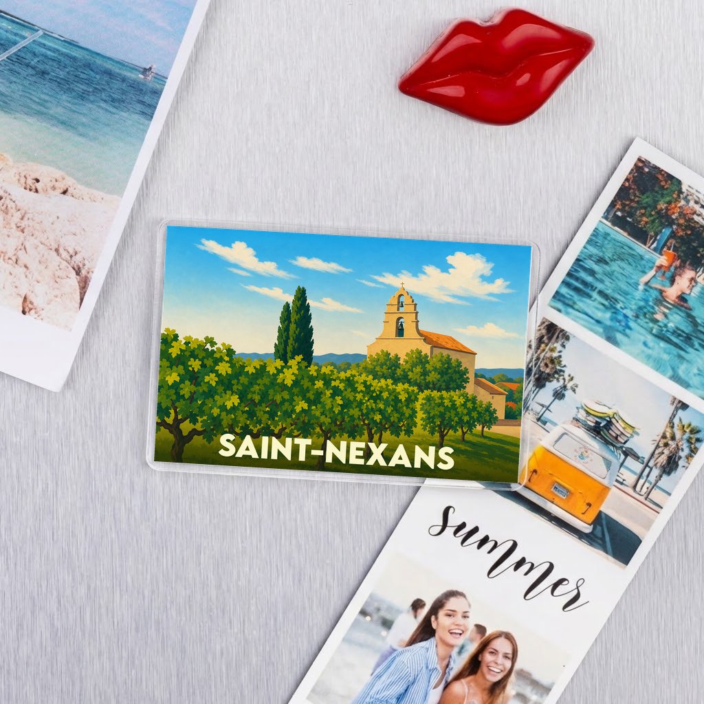 Magnet souvenir de la ville de Saint-Nexans avec une illustration stylisée.