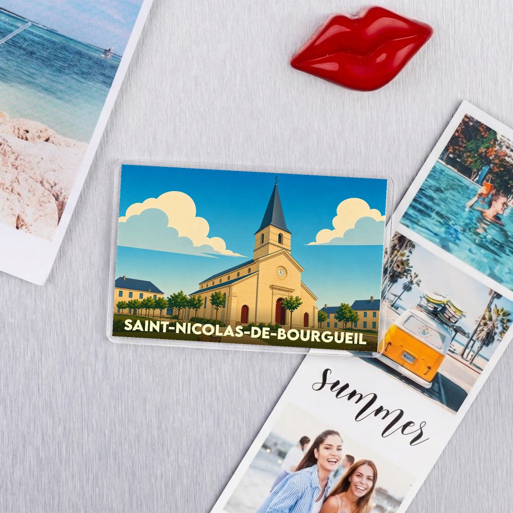 Magnet souvenir de Saint-Nicolas-de-Bourgueil avec une illustration stylisée de son église.