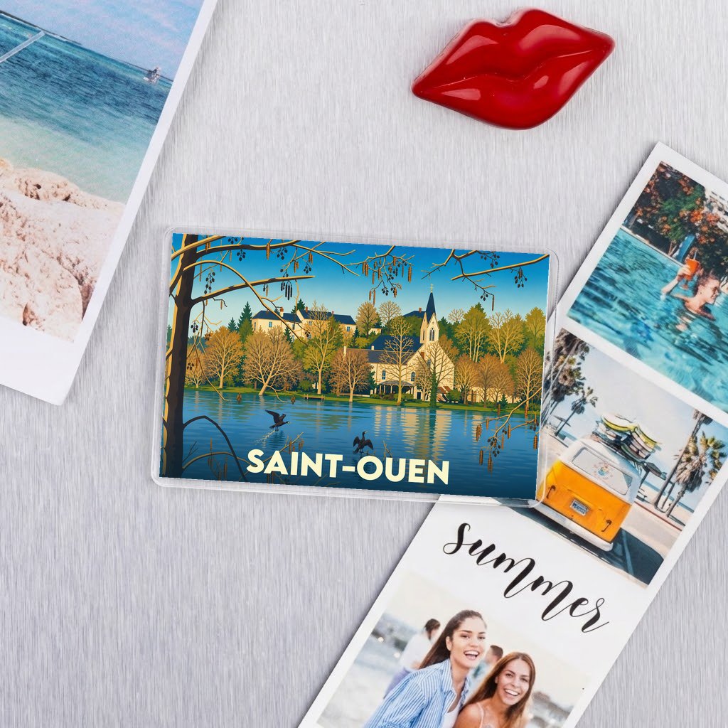 Magnet souvenir de la ville de Saint-Ouen avec une illustration stylisée d'un paysage lacustre.
