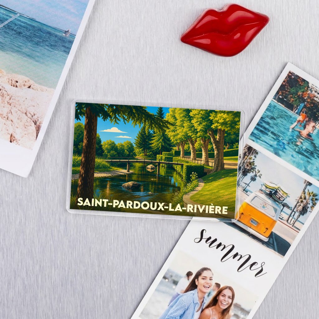 Magnet souvenir de la ville de Saint-Pardoux-la-Rivière avec une illustration paysagère stylisée.