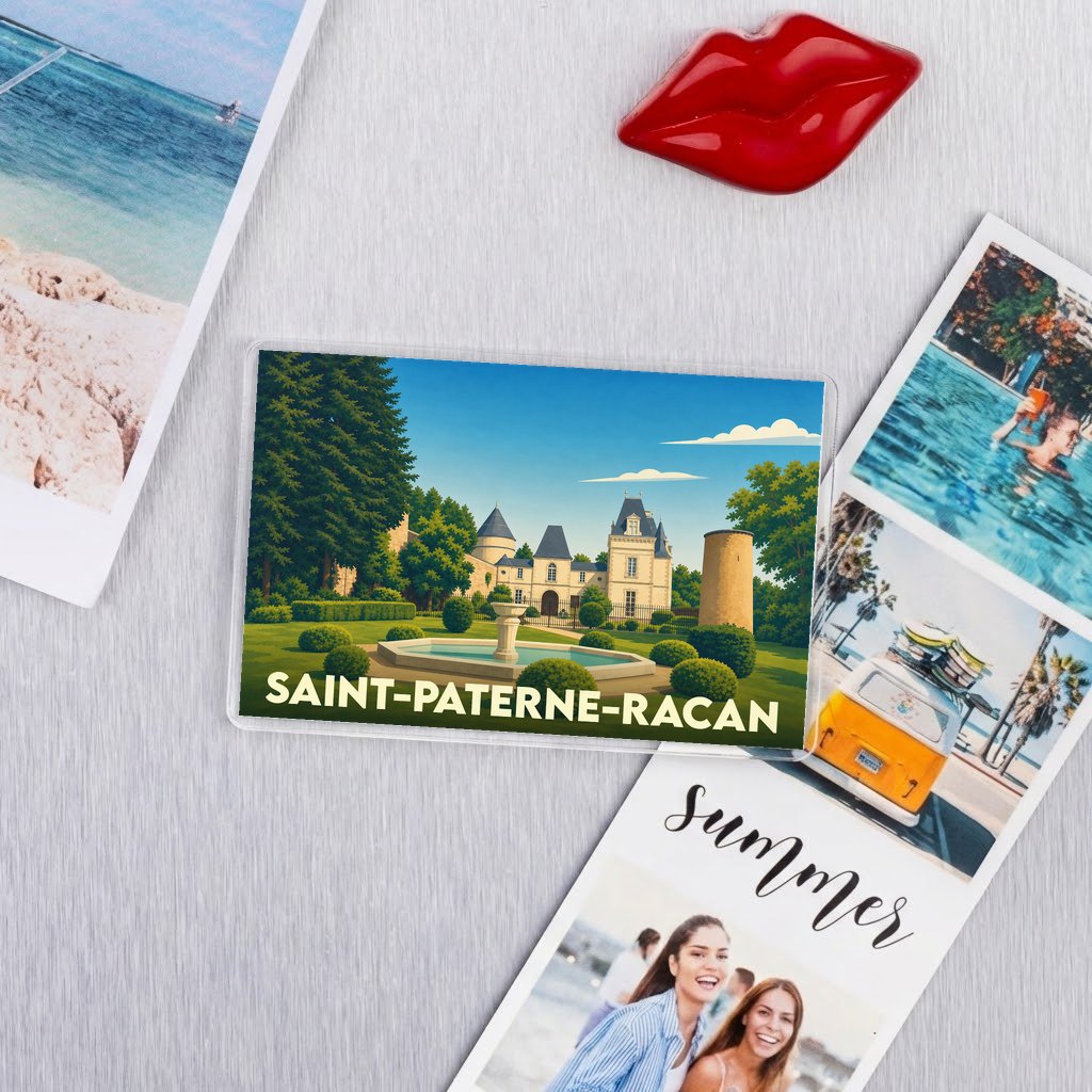 Magnet souvenir de la ville de Saint-Paterne-Racan avec une illustration stylisée de son patrimoine.