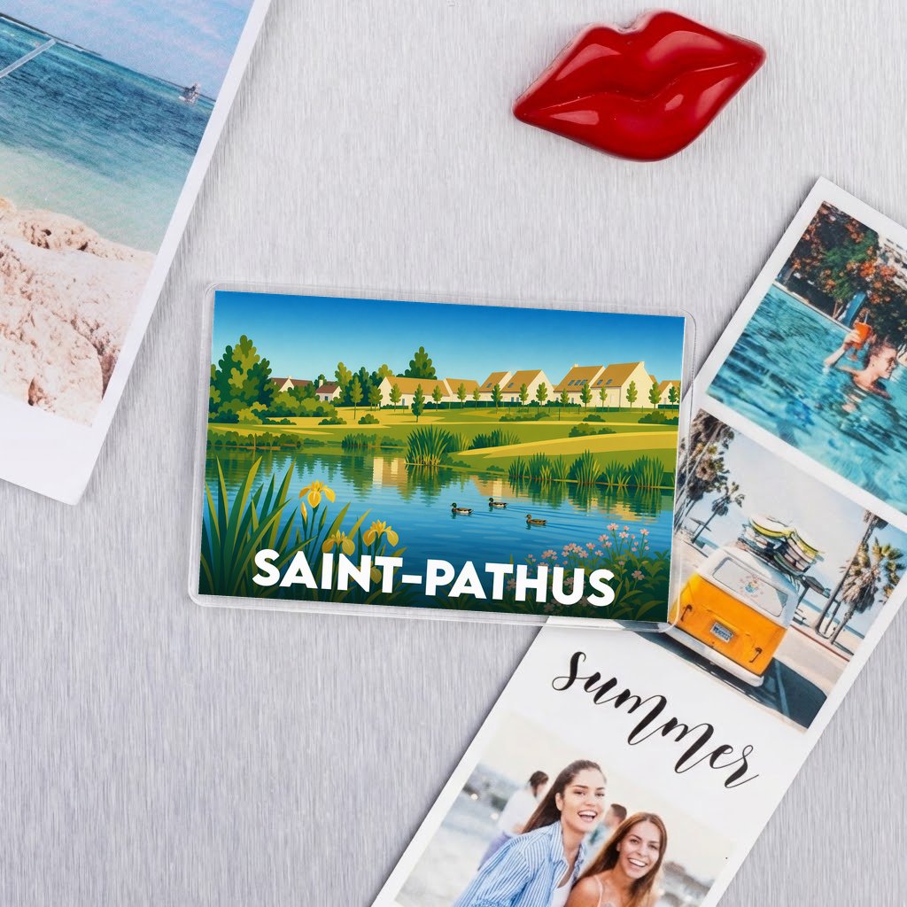 Magnet souvenir de la ville de Saint-Pathus avec une illustration stylisée de son paysage.