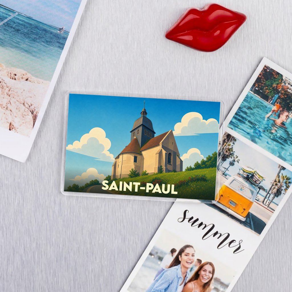 Magnet souvenir de la ville de Saint-Paul avec une illustration stylisée de son église.