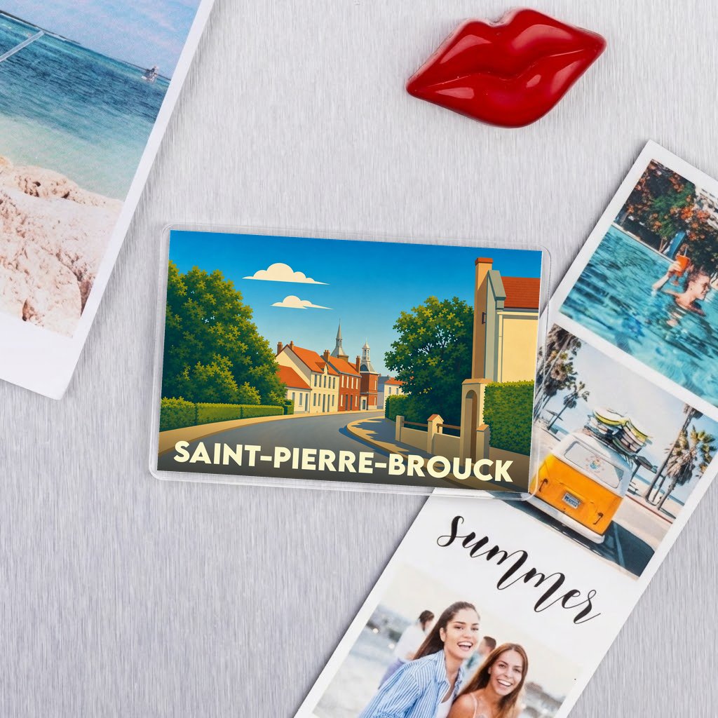 Magnet souvenir de la ville de Saint-Pierre-Brouck avec une illustration de rue stylisée.