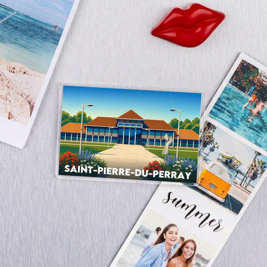 Magnet souvenir de la ville de Saint-Pierre-du-Perray avec une illustration stylisée d'un bâtiment.