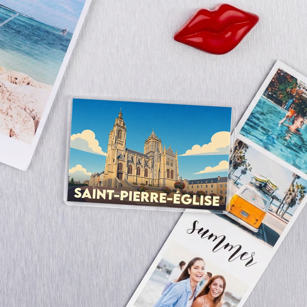 Magnet souvenir de la ville de Saint-Pierre-Église avec une illustration stylisée de son église.