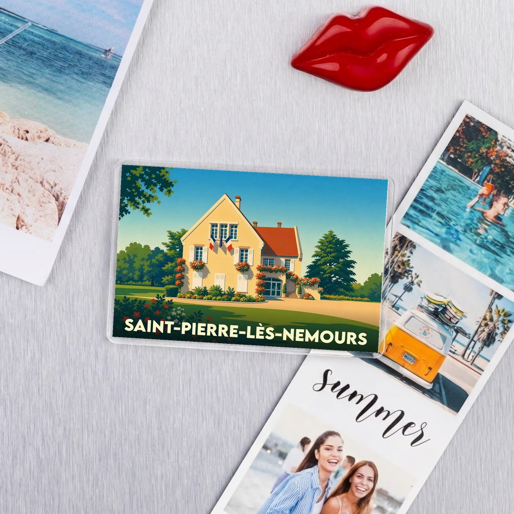 Magnet souvenir de la ville de Saint-Pierre-lès-Nemours avec une illustration stylisée d'une maison de caractère.