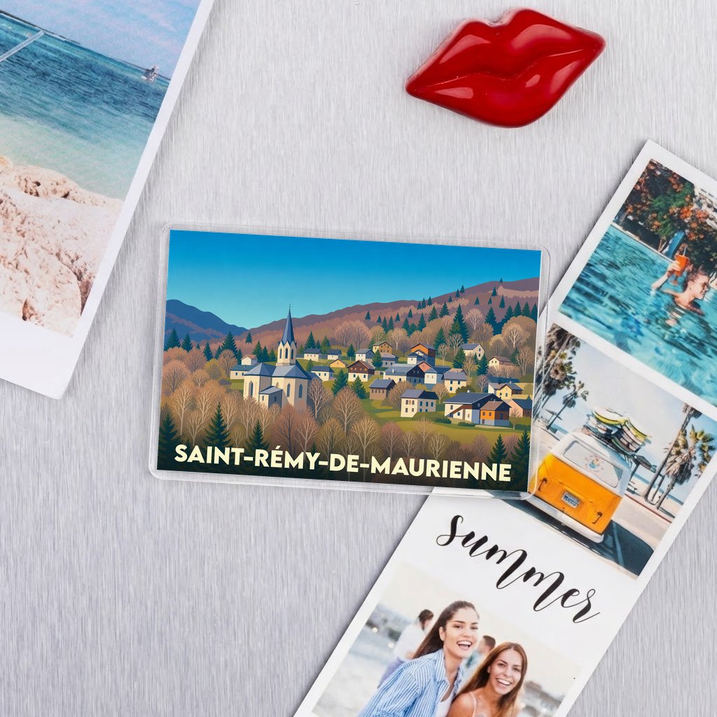 Magnet souvenir de la ville de Saint-Rémy-de-Maurienne avec une illustration stylisée d'un village de montagne.