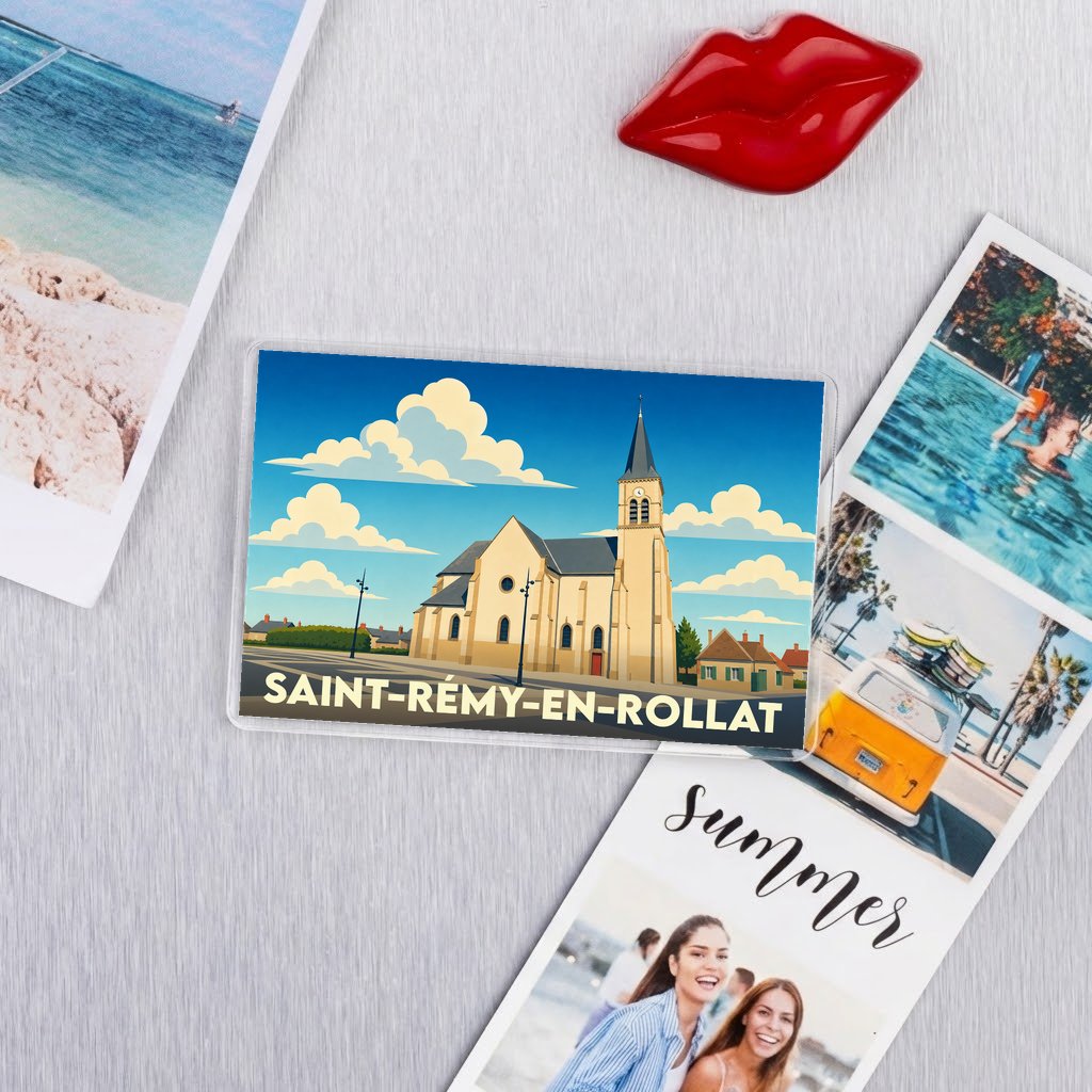 Magnet souvenir de la ville de Saint-Rémy-en-Rollat avec une illustration stylisée de son église.