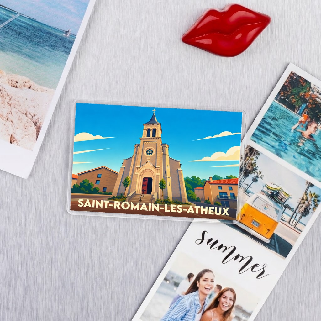 Magnet souvenir de la ville de Saint-Romain-les-Atheux avec une illustration stylisée de son église.