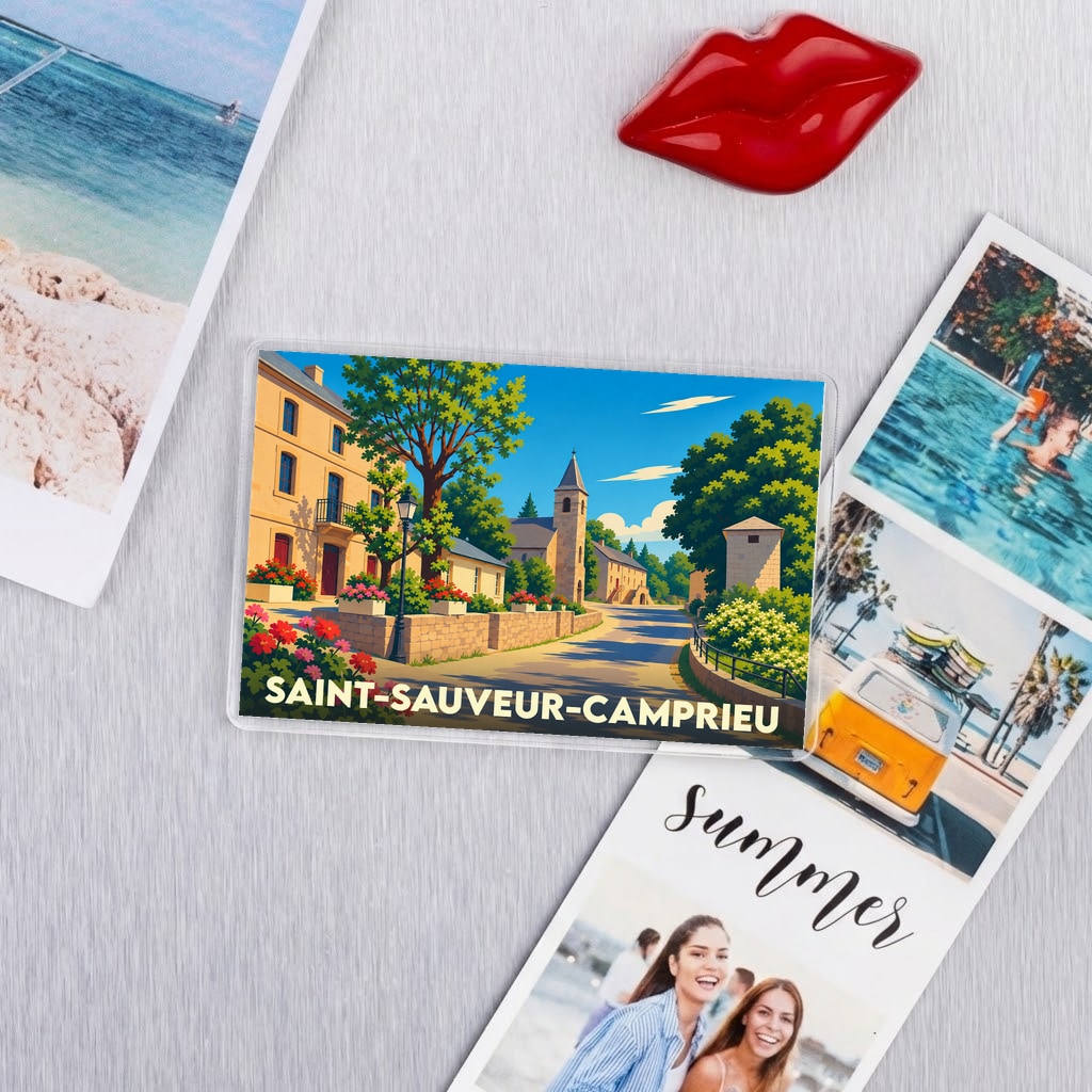 Magnet souvenir de la ville de Saint-Sauveur-Camprieu avec une illustration stylisée d'un village pittoresque.