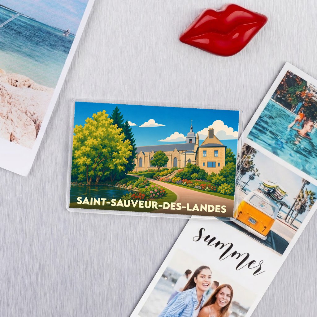 Magnet souvenir de la ville de Saint-Sauveur-des-Landes avec une illustration stylisée de son église et de son paysage fleuri.
