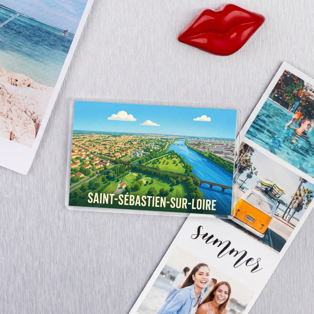 Magnet souvenir de la ville de Saint-Sébastien-sur-Loire avec une illustration stylisée de son paysage.