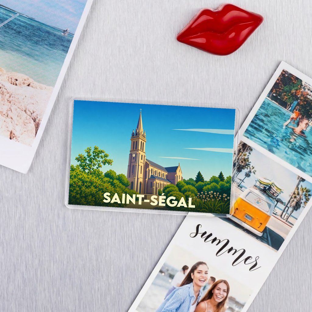 Magnet souvenir de la ville de Saint-Ségal arborant une illustration stylisée de son église.